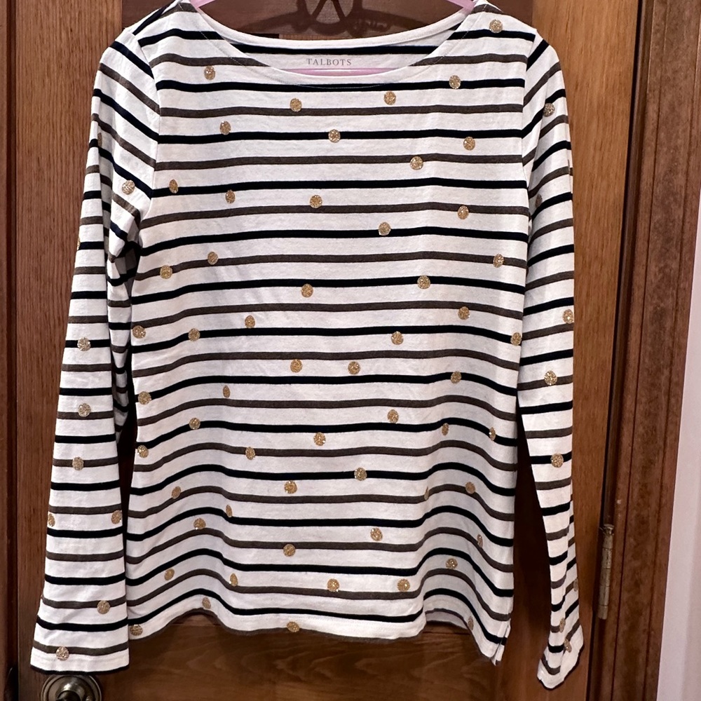 TALBOTS BOATNECK CREAM WITH BLACK AND BROWN POLK A DOT TOP SIZE SMALL